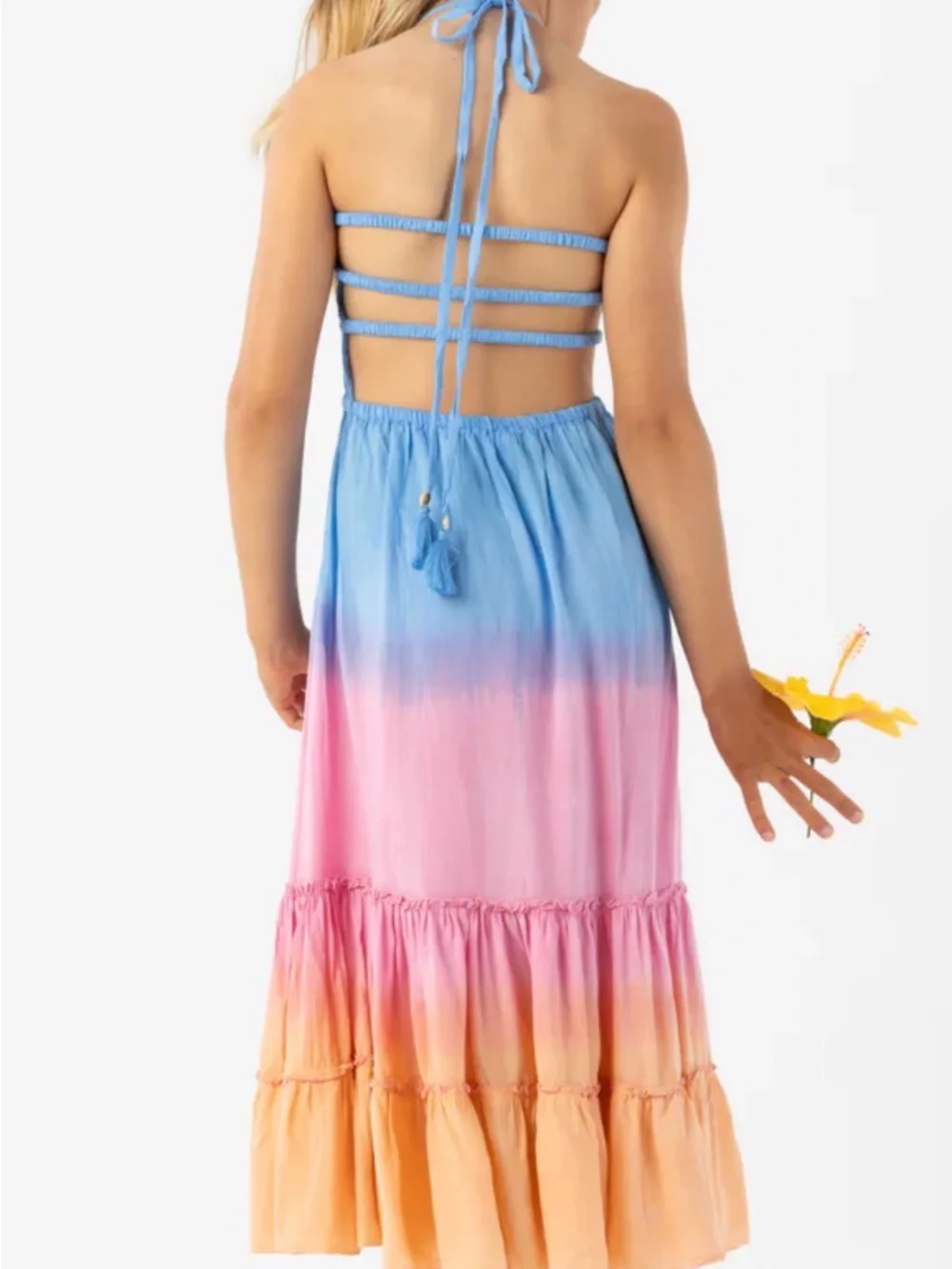 Tiare Hawaii Blue to Pink to Peach Ombre Halter Maxi Dress